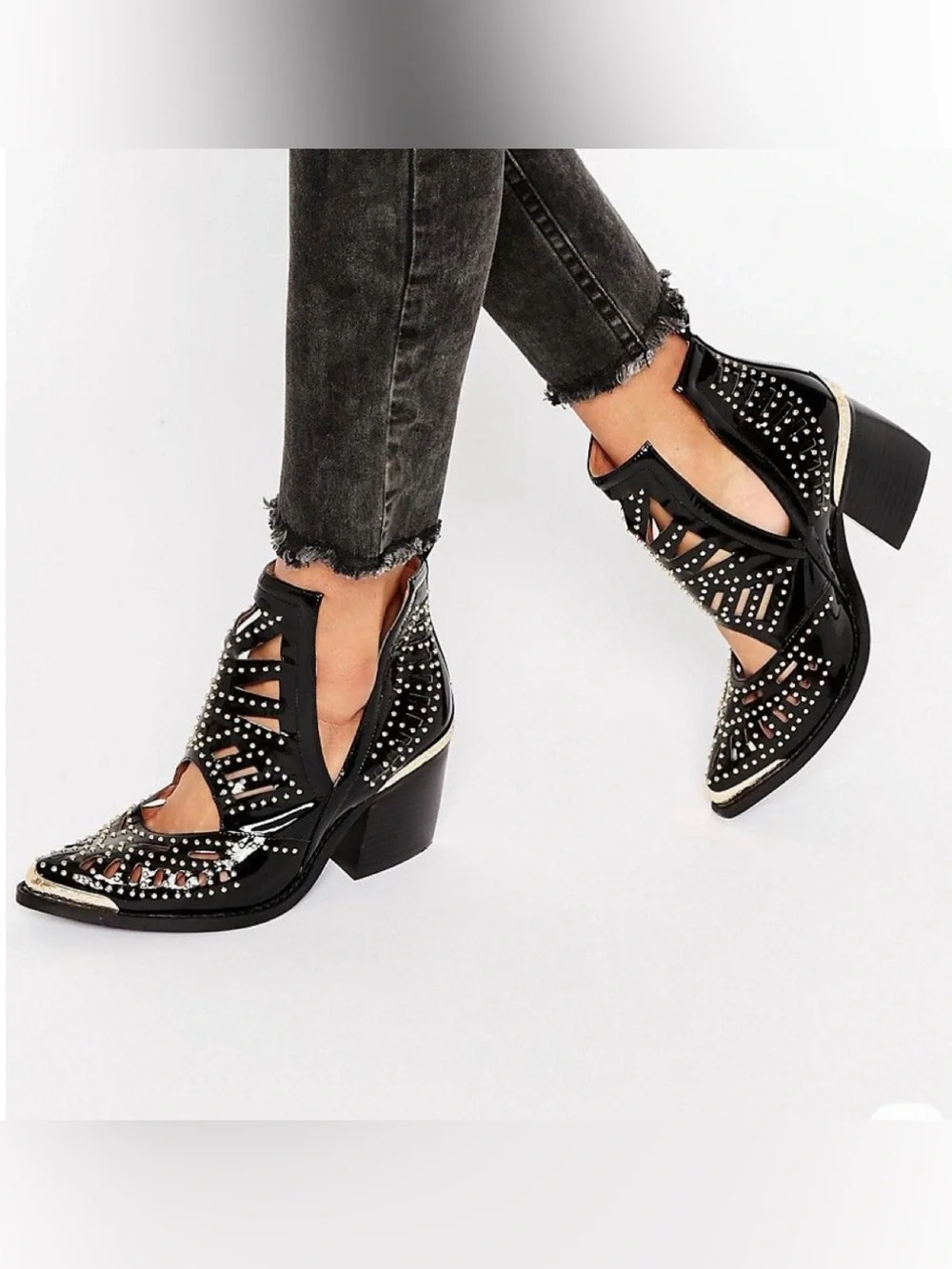 🆕{Jeffrey Campbell}Maceo Gold Studded Cutout Western Ankle Boots